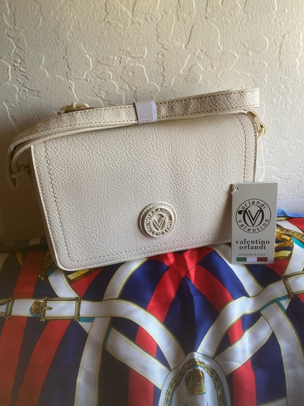 Valentino Orlandi Cream Leather Crossbody Bag with Branded Medallion